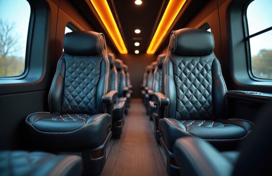 Luxury bus interior shows plush leather seats with diamond stitching. Comfortable cabin with ambient lighting. Passengers travel in style, business class comfort for road trips and private tours.