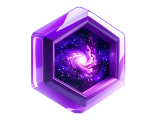 Shiny purple geometric shape containing a spiral galaxy