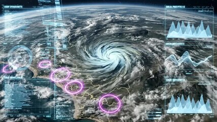 A dramatic view of a swirling hurricane over Earth with digital overlays - Powered by Adobe