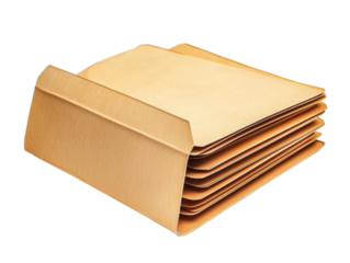 Stack of open brown file folders isolated