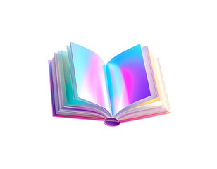 Open book with colorful glowing pages, against a black background