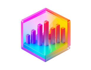 Isometric chart bars inside a glowing, multi-colored translucent cube