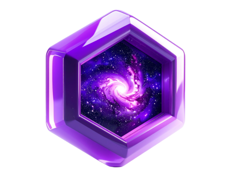 Shiny purple geometric shape containing a spiral galaxy - Powered by Adobe