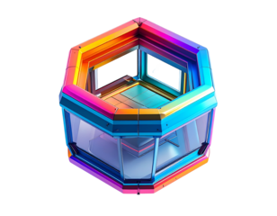 Futuristic, multi-colored hexagonal structure with interior details