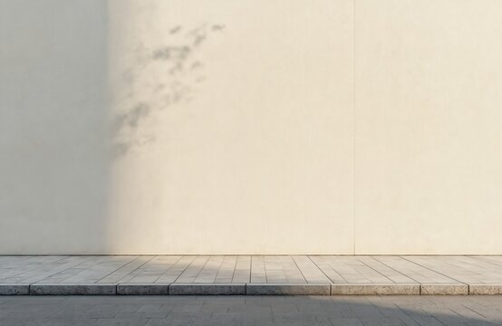Empty building wall, sidewalk. Light beige concrete facade with stone pavement in front. Soft shadows from tree leaves on surface create calm atmosphere. Clean urban background offers ample negative