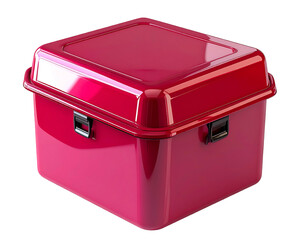 A glossy, red plastic storage container with a tight-fitting lid