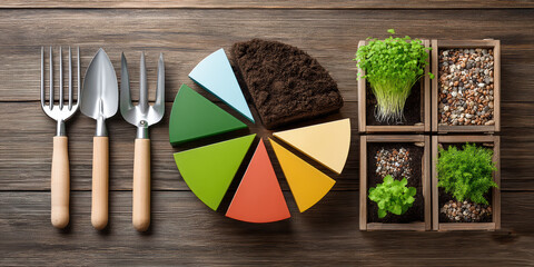 Garden planning e commerce pie chart with soil green seedlings wooden tools harmonious growth
