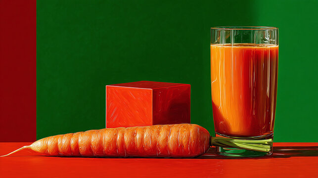 A close-up shot of a glass filled with carrot juice, a carrot, and a cube