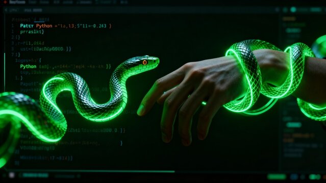 Hand with glowing green snake on computer screen