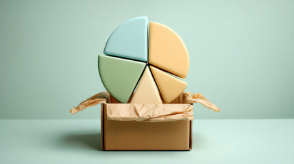 Colorful e commerce pie chart in cardboard box with pastel ceramic pie pieces cheerful