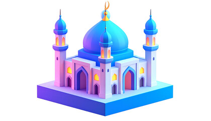 Stylized mosque with blue dome, minarets, and warm interior lighting