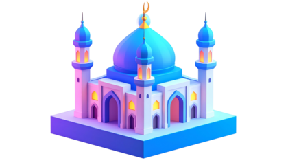 Stylized mosque with blue dome, minarets, and warm interior lighting