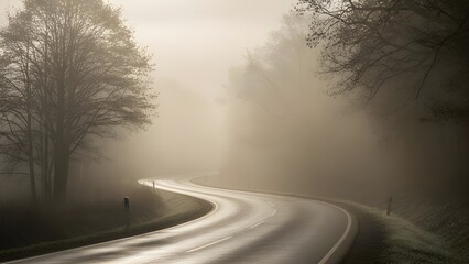 Misty winding road through a forest with dense fog, creating a mysterious and atmospheric mood