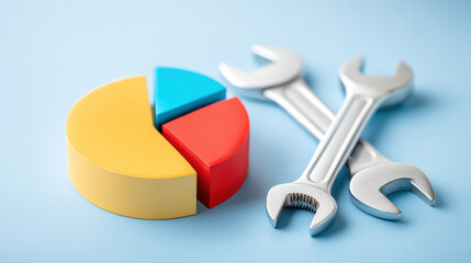 Colorful pie chart with tools symbolizing e commerce analytics and business insight