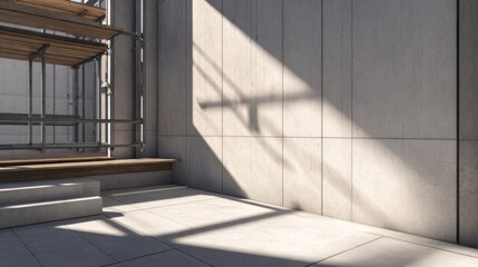 Concrete corner with vertical panels, bright sunlight, diagonal shadow from scaffolding, calm site. calm area