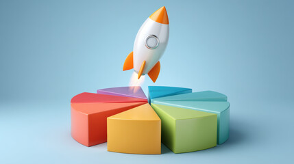 Colorful pie chart with rocket launching symbolizing e commerce growth and startup success