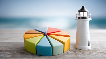 Colorful pie chart and lighthouse guiding successful e commerce business strategy on wood