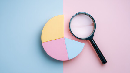Colorful pie chart graph with magnifying glass analyzing e commerce data for market research