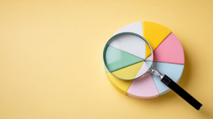 Analyzing e commerce market with magnifying glass on colorful pie chart for financial success