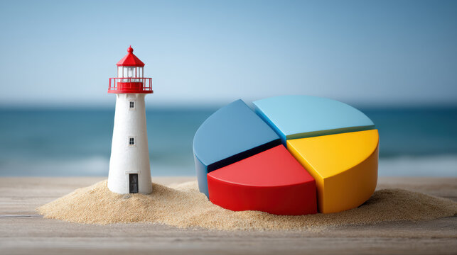 Lighthouse on sand with colorful pie chart segments e commerce seaside business concept - Powered by Adobe