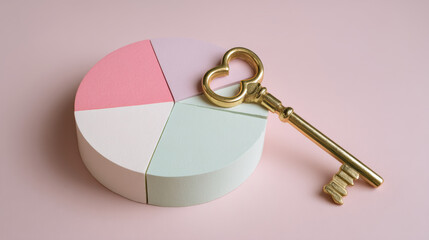 Pastel pie chart and golden key pink background e commerce concept inviting curiosity and trust