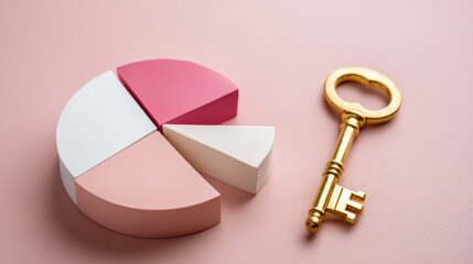 E commerce pie chart concept with pastel segments and golden key symbolizing business insight