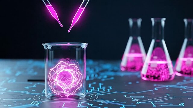Scientific Discovery: A vibrant visualization showcasing the process of scientific experimentation, with glowing pink liquid being precisely transferred into a beaker.