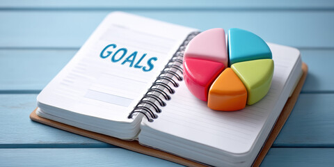 Goals planner notebook with colorful pie chart timer and e commerce focus inspiring productivity