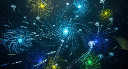 Fototapeta premium Bioluminescent jellyfish and fish swim through swirling abstract fractal patterns of light in deep dark ocean water, glowing with vibrant blue yellow green energy, ethereal marine life fantasy.