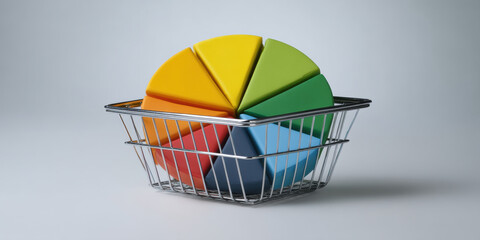 Colorful pie chart segments shopping basket representing e commerce data visualization
