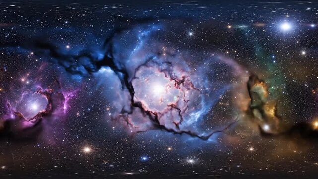 Cinematic 360 degree panoramic view of a cosmic fantasy nebula with swirling giant interstellar gas clouds and shimmering stars in a mystical deep space galaxy background at slow motion speed.