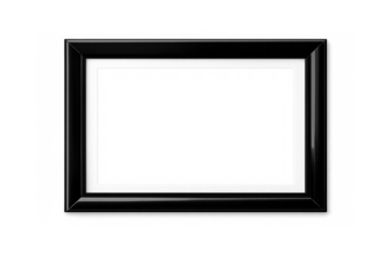 Black horizontal picture frame with white border, clean blank canvas mockup over transparent background design