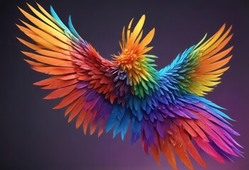 Fototapeta premium Vibrant rainbow wings stretched wide, gradient feathers blending colors, wing details , colorful wings