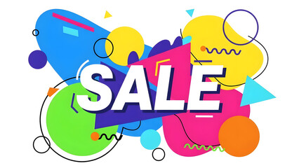 Vibrant Sale Vector Poster Featuring Large Centered Bold Typography and Playful Colorful Abstract Shapes in Flat Graphic Illustration Style for Retail Promotion Advertisement and Social Media