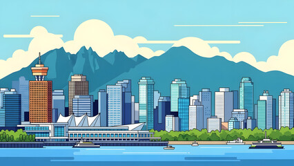 Naklejka premium Vancouver British Columbia Postcard Vector Illustration featuring Canadian Urban Skyline with Coastal Mountains and Pacific Waterfront in Flat Solid Color for Travel and Tourism Design