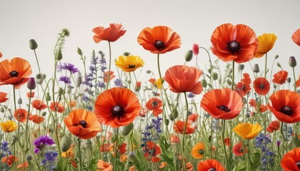 Fototapeta premium wildflowers and poppy painting isolated on white background, botanical artwork, watercolor art