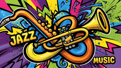 Obraz premium Vibrant urban mural showcasing abstract saxophone and trumpet silhouettes merged with dynamic geometric patterns, expressive musical jazz street art background, colorful design.