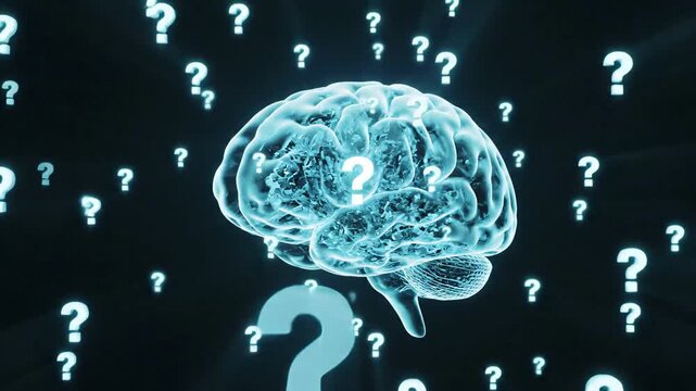 Glowing human brain surrounded by numerous question marks on a dark digital background for mental health, problem-solving, and uncertainty concept