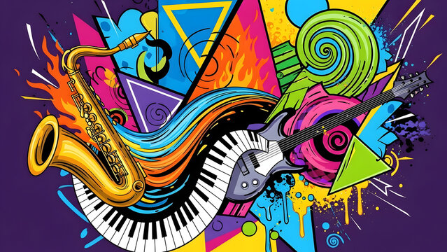 Vibrant urban mural blending abstract musical instruments like saxophone and trumpet with colorful geometric shapes, energetic strokes, and modern street art style.