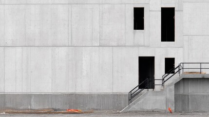 A plain gray concrete wall with two dark doors, a stairway, and a sparse urban ground around. Under pale light