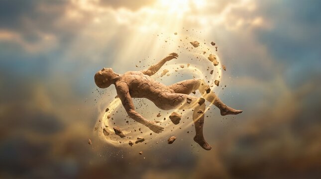 Man formed from dust with light. Genesis creation concept. Artistic illustration of human origin and divine power. Religious theme.