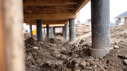Underside view of a building under construction with wooden beams, metal columns, and dirt ground Exposed soil