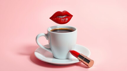 Surreal Coffee Concept with Floating Red Lips and Lipstick