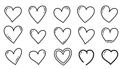 Collection of 12 simple hand-drawn heart shapes in black on white background