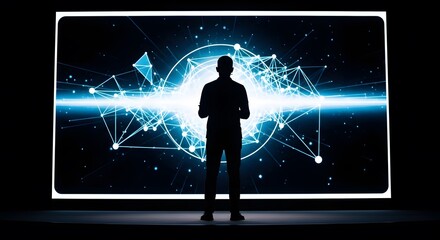 Silhouette of man standing in front of large digital screen with abstract futuristic network connection lines data technology presentation artificial intelligence idea