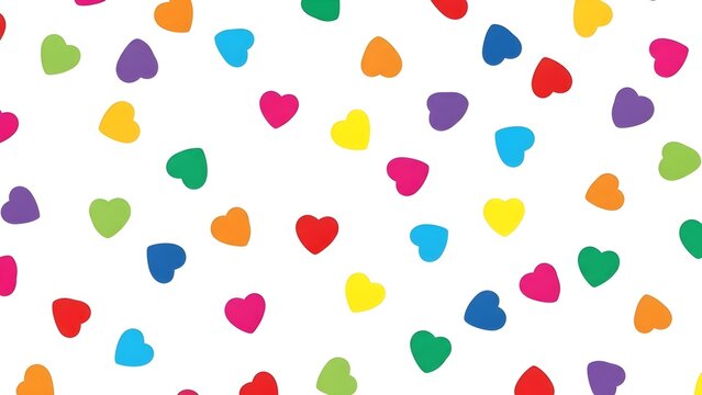 Colorful hearts scattered randomly on a white background in various hues.