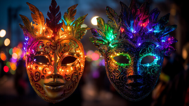 Mardi Gras Carnival, Elegant illuminated Mardi Gras masks glowing at night during festive carnival celebration