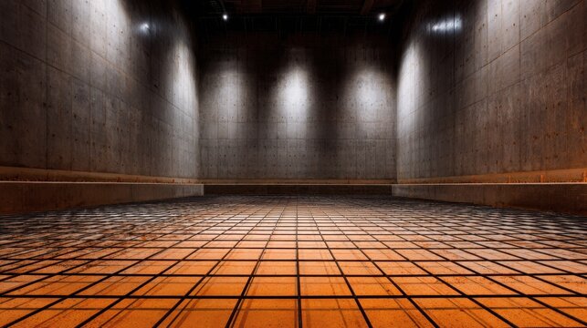 Dimly lit empty industrial room with concrete walls, orange-tiled floor, and distant ceiling lights. Soft glow