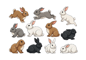 Variety of Cartoon Rabbits in Different Poses on a Transparent Background Showing Diverse Designs