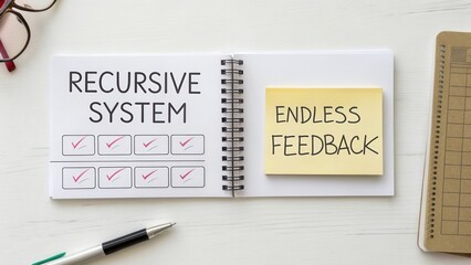 Creative notebook layout displaying concepts of recursive systems and endless feedback with checkmarks and sticky note
